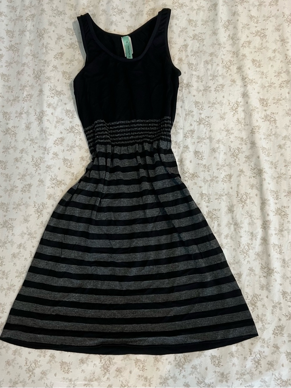 Black and Gray Striped Sleeveless Fit-and-Flare Dress